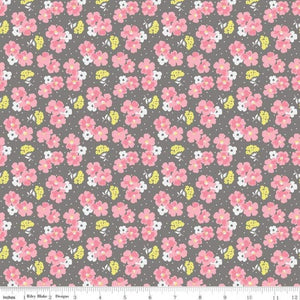 Paper Daisies Fabric - Grey/Pink