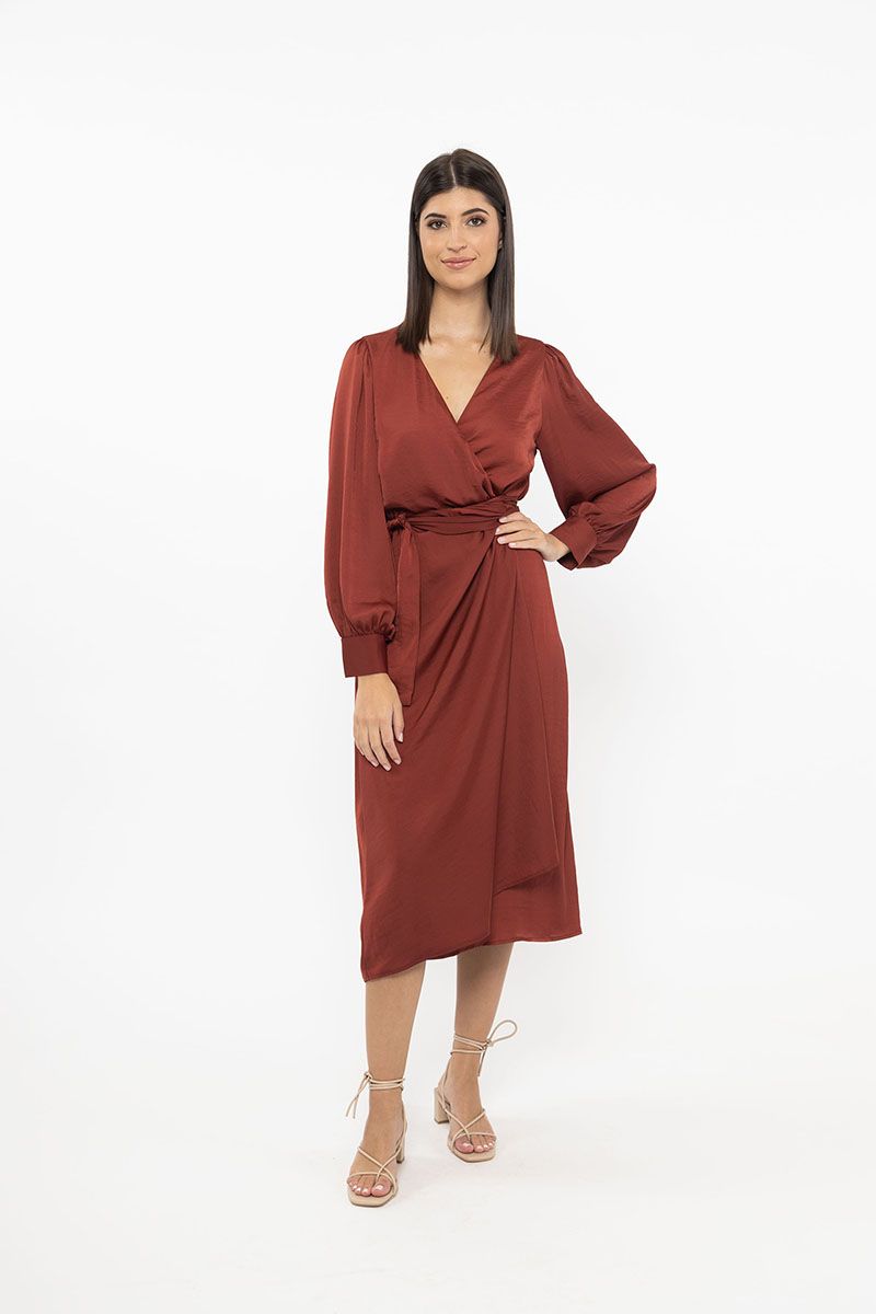 Maya Wrap Midi Dress Rust Washer Satin