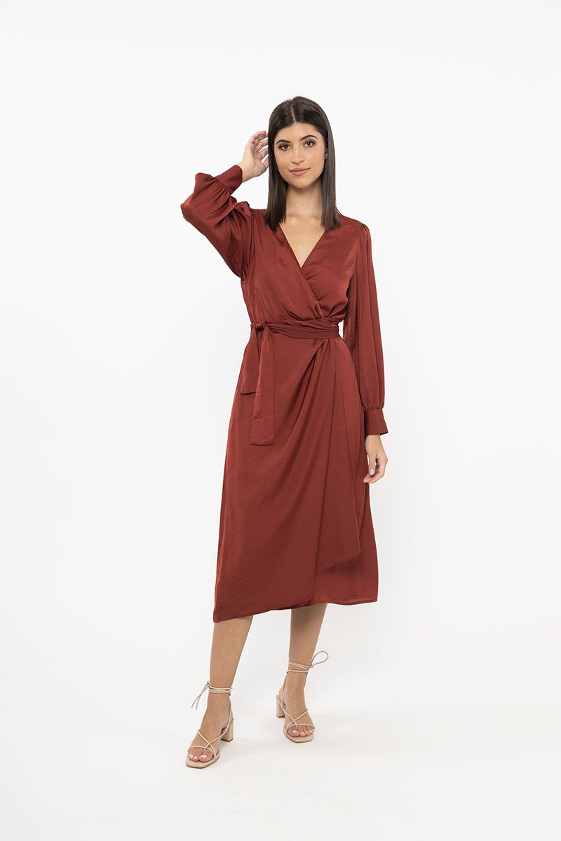 Maya Wrap Midi Dress Rust Washer Satin