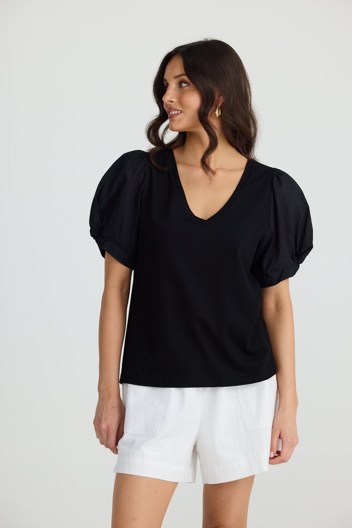 Abigail V Neck Tee Black - PREORDER DELIVERY DUE EARLY DECEMBER