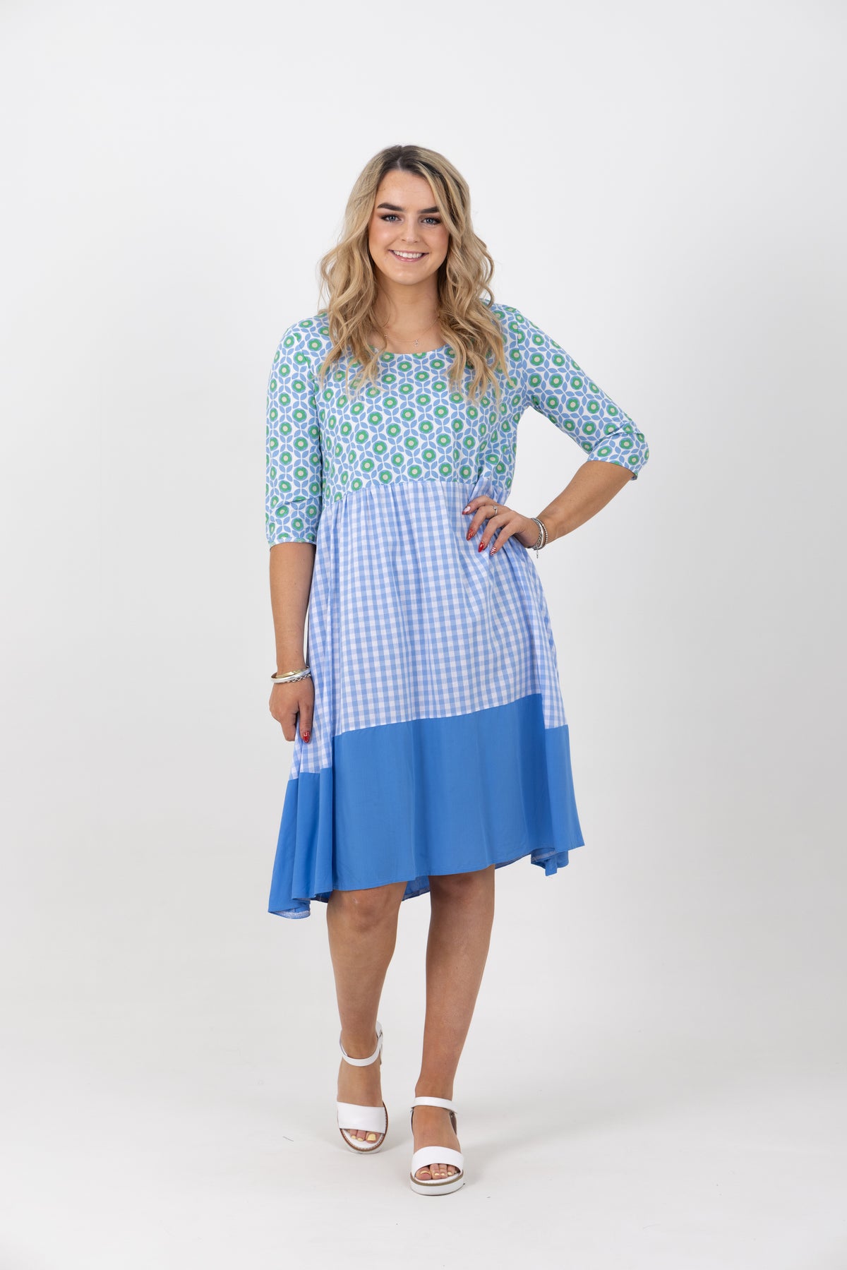 Amalfi Print Check Tiered Dress Blue