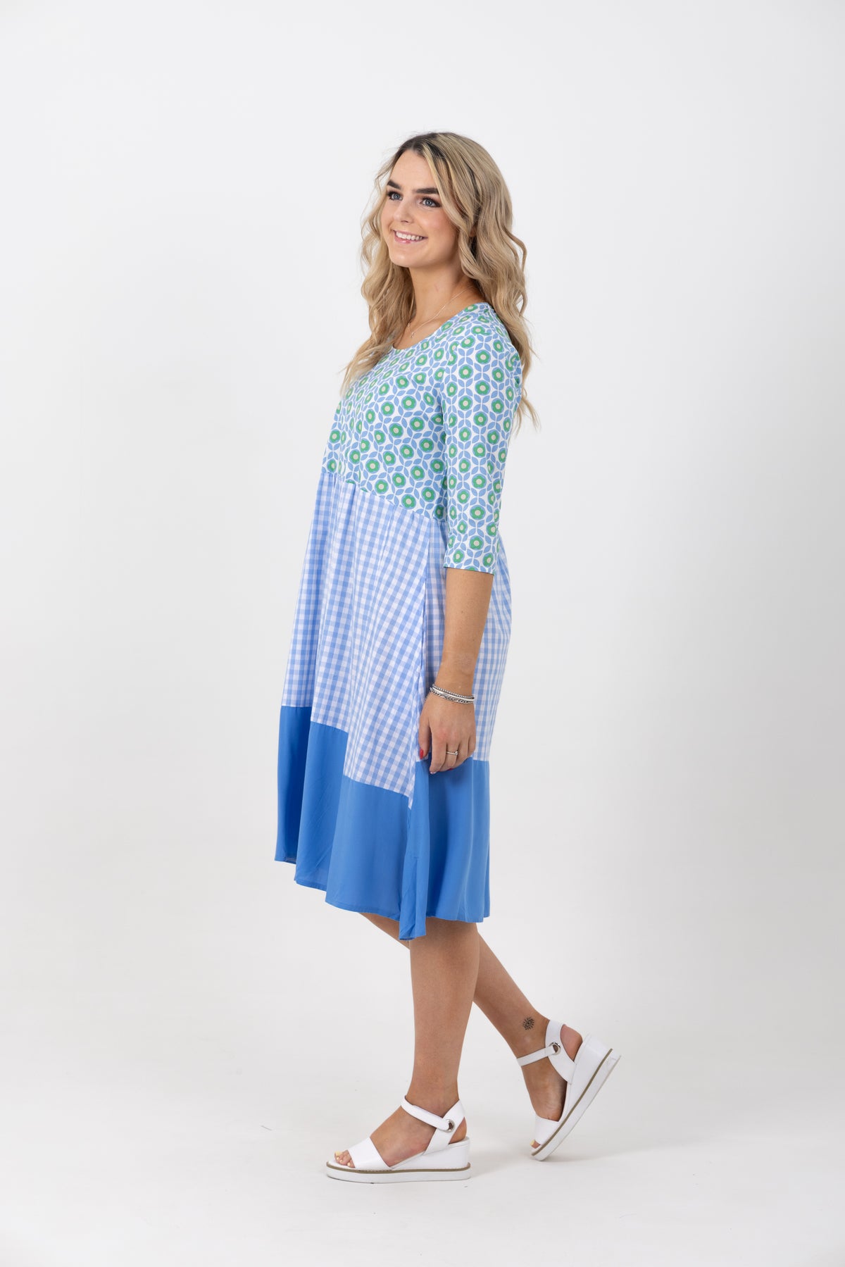 Amalfi Print Check Tiered Dress Blue