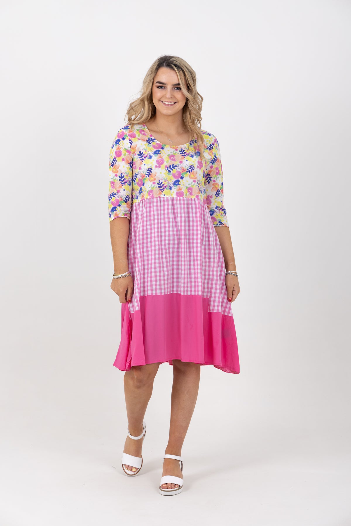 Amalfi Print Check Tiered Dress Pink/White