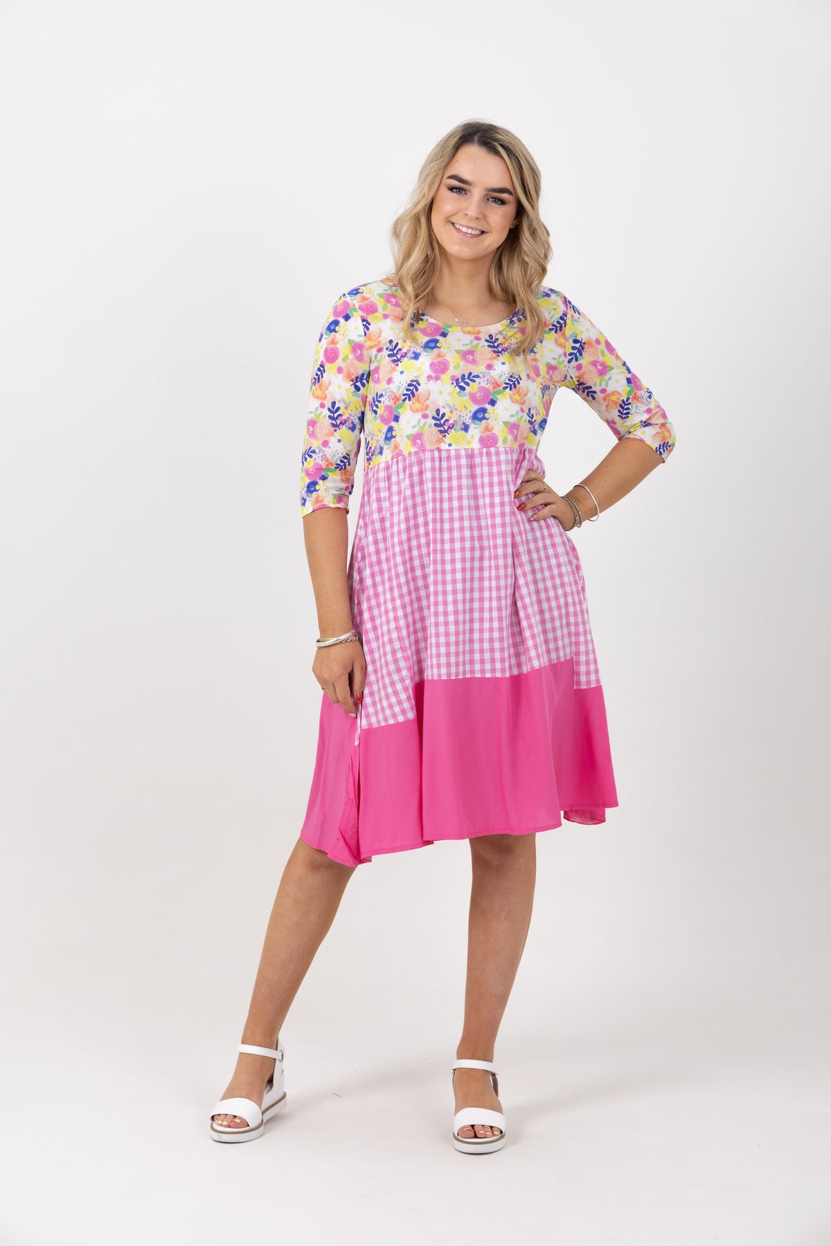 Amalfi Print Check Tiered Dress Pink/White