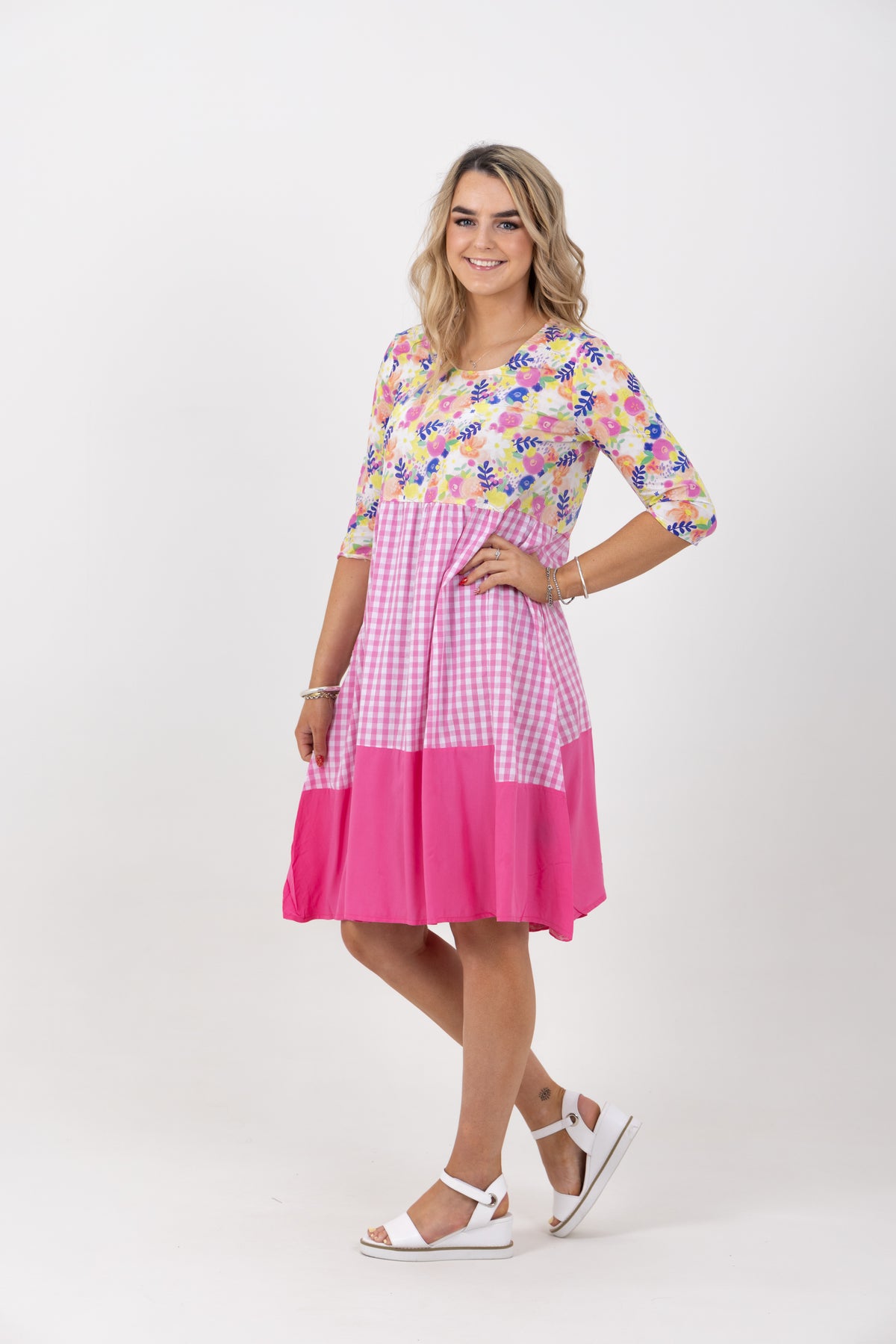 Amalfi Print Check Tiered Dress Pink/White