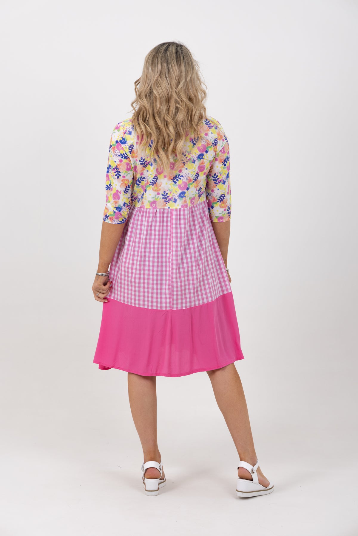 Amalfi Print Check Tiered Dress Pink/White