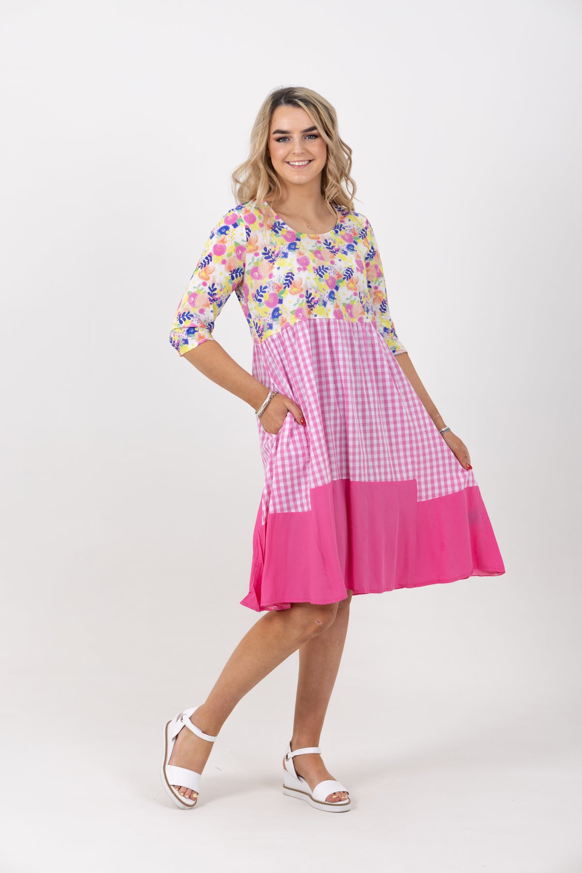 Amalfi Print Check Tiered Dress Pink/White