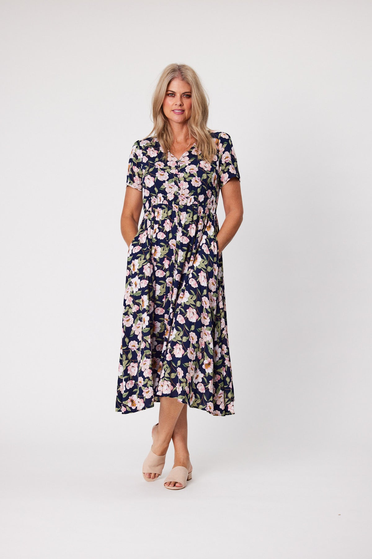 Teagan Shirred Waist Dress Navy