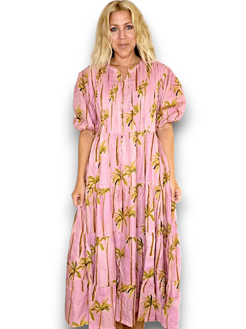 Ida Ivy Pleated Short Sleeve Dress Pink Palm Tree