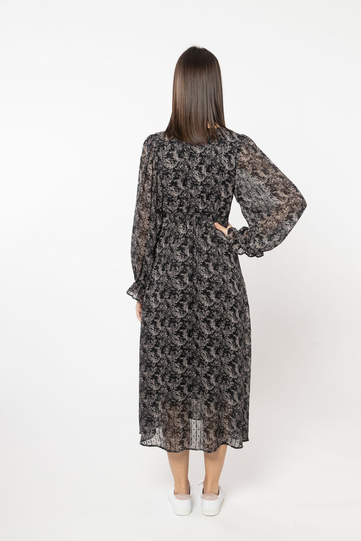 Sincere Midi Dress Long Sleeve Black Stripe Floral