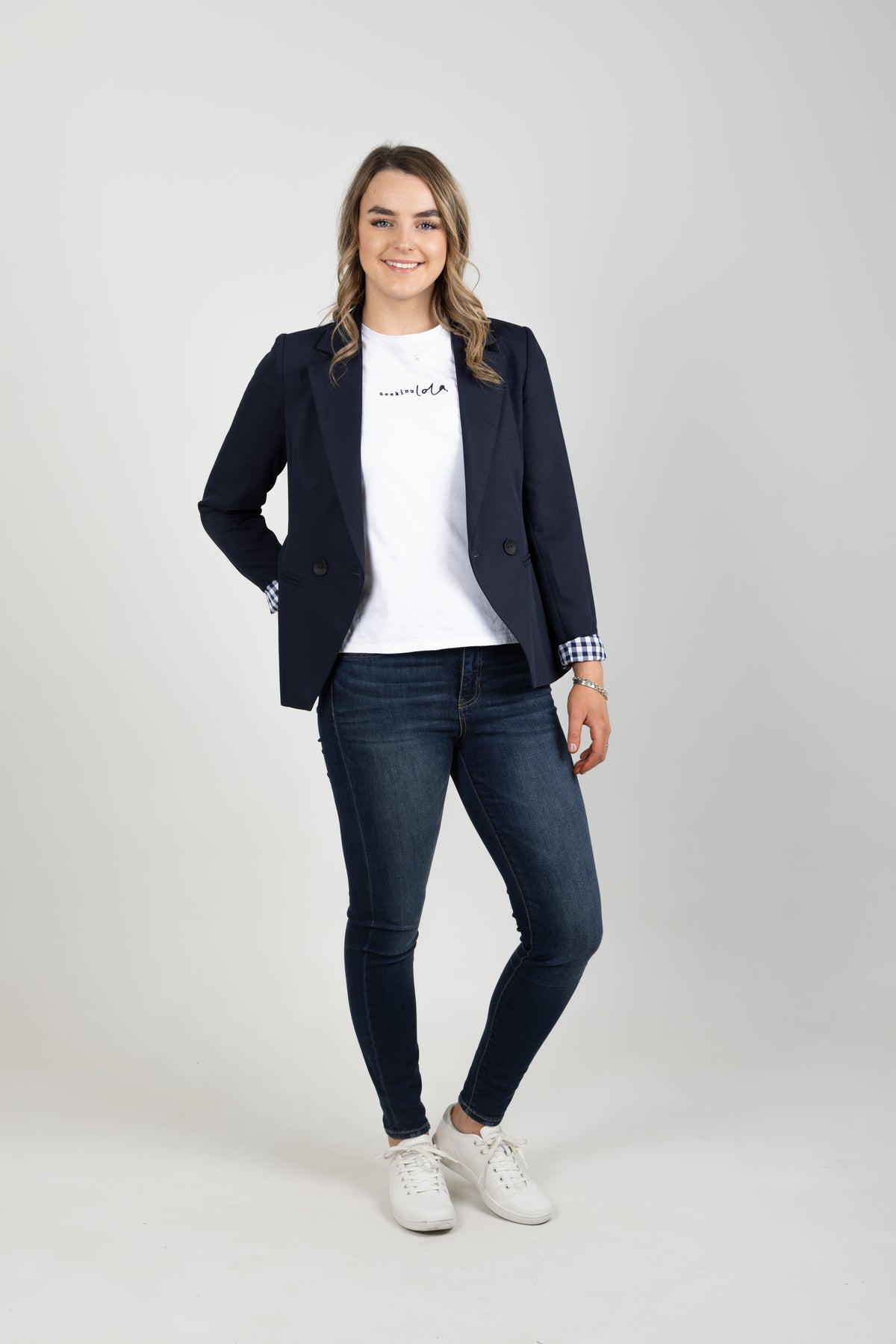 Georgie Double Breasted Blazer - Navy With Navy Gingham