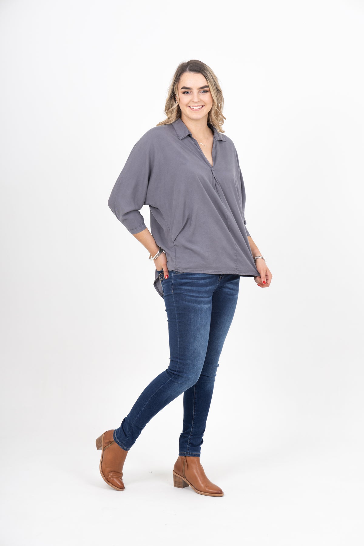 Bonny Button Back Top Dark Grey