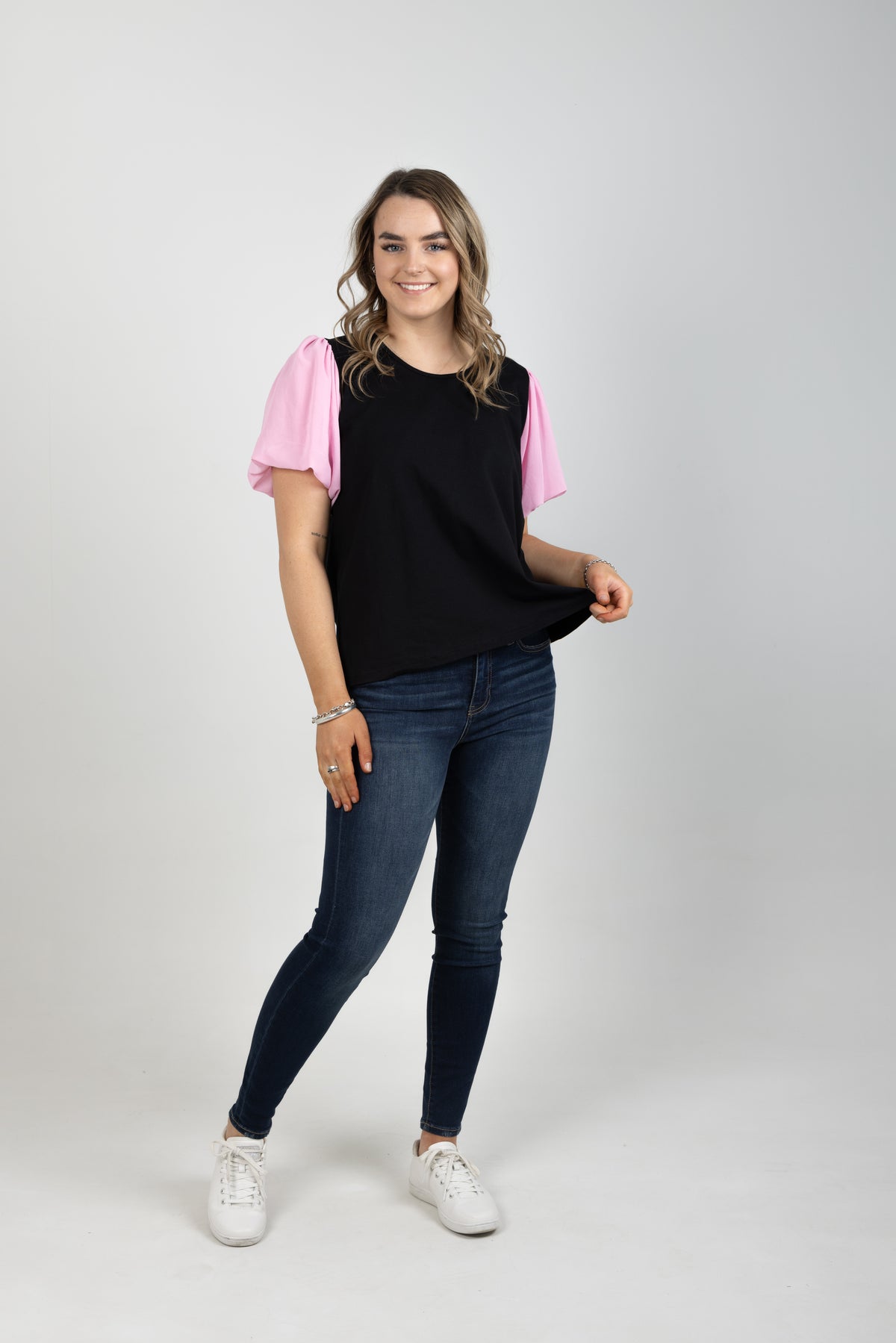 Peony Top Black With Pink Chiffon Sleeve