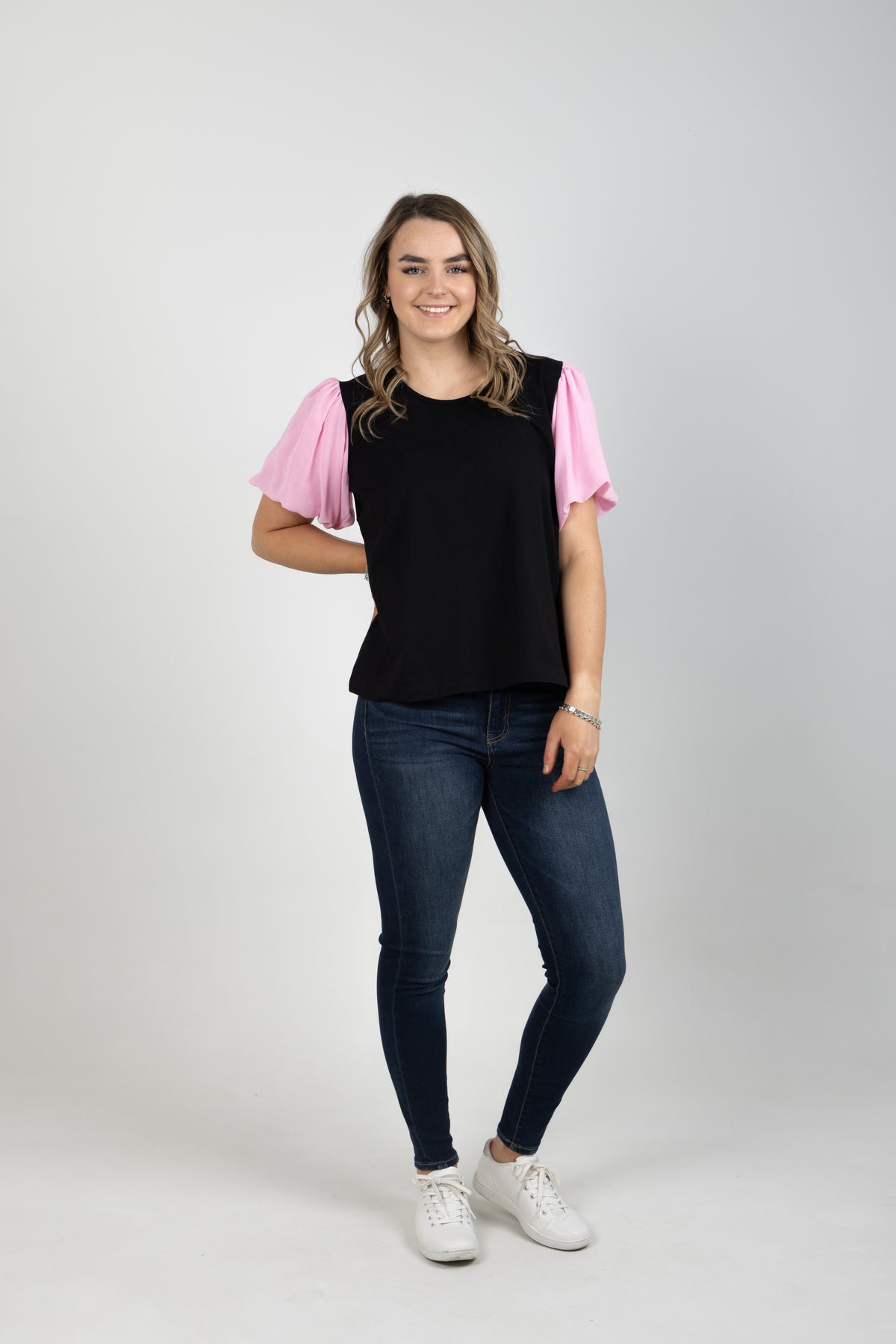 Peony Top Black With Pink Chiffon Sleeve