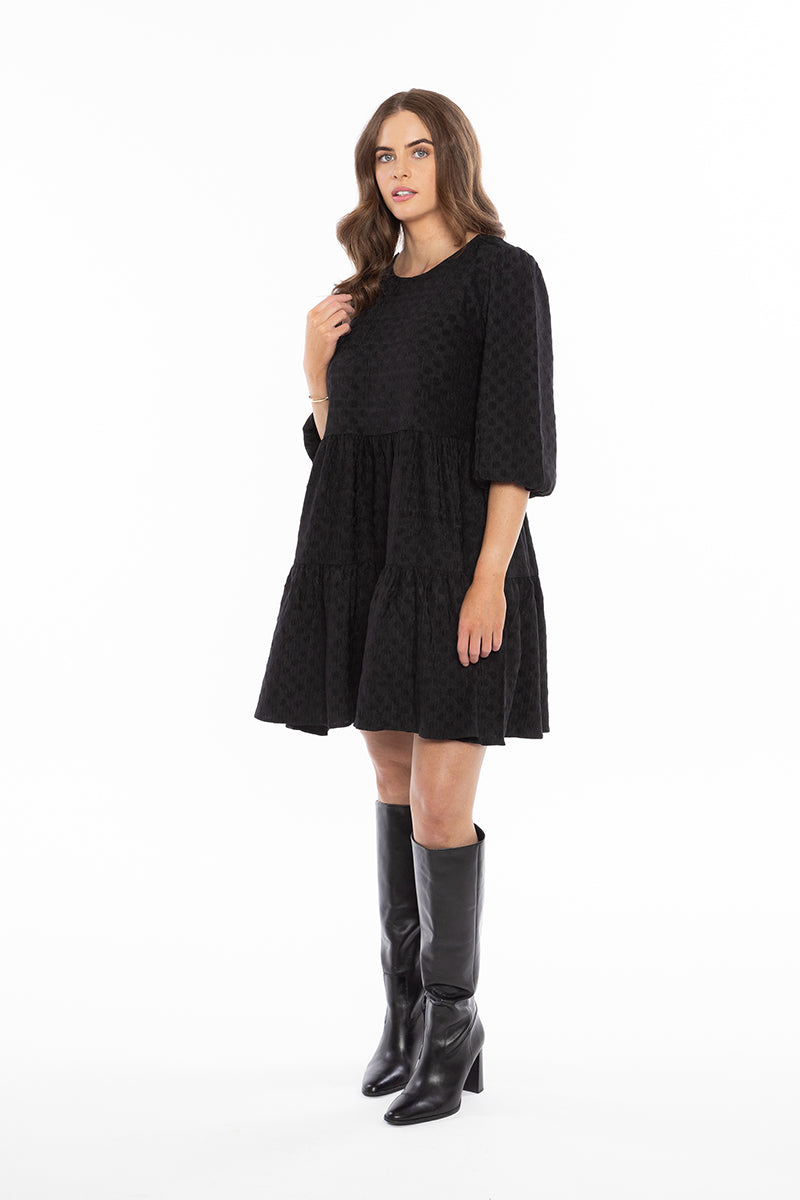 Amy Smock Dress Black Crinkle Spot