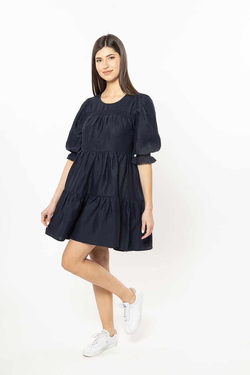 Fascinate Mini Dress Navy Linen