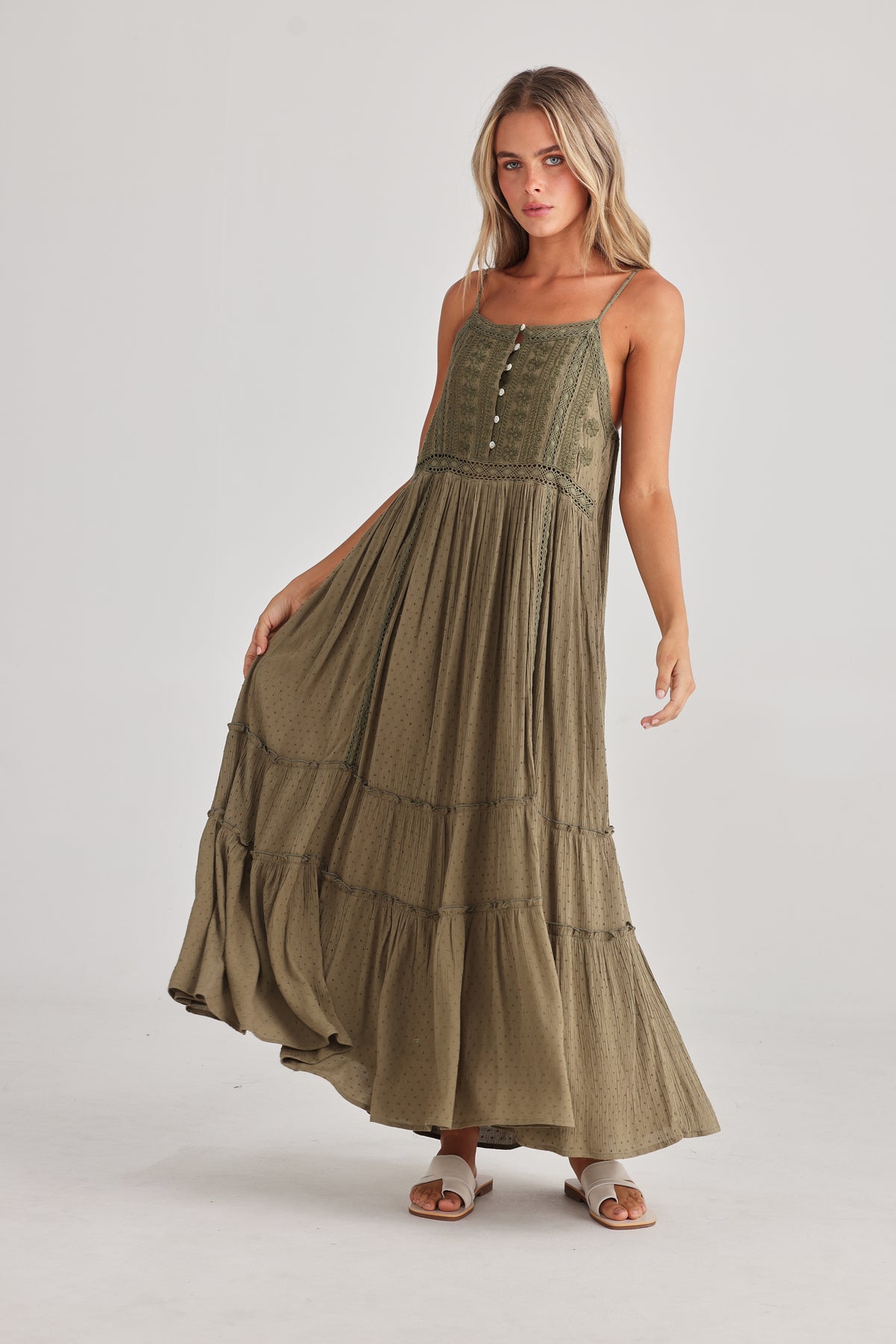 Inhale Dress Olive Dobby