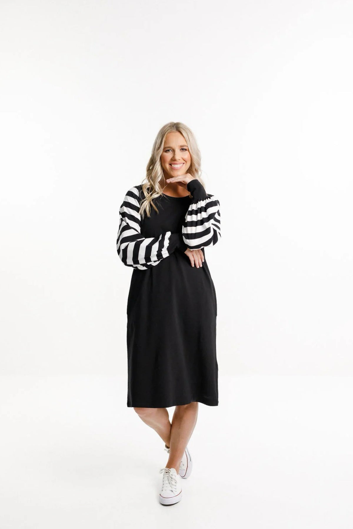 Laylah Dress Black With Black And White Striped Sleeves