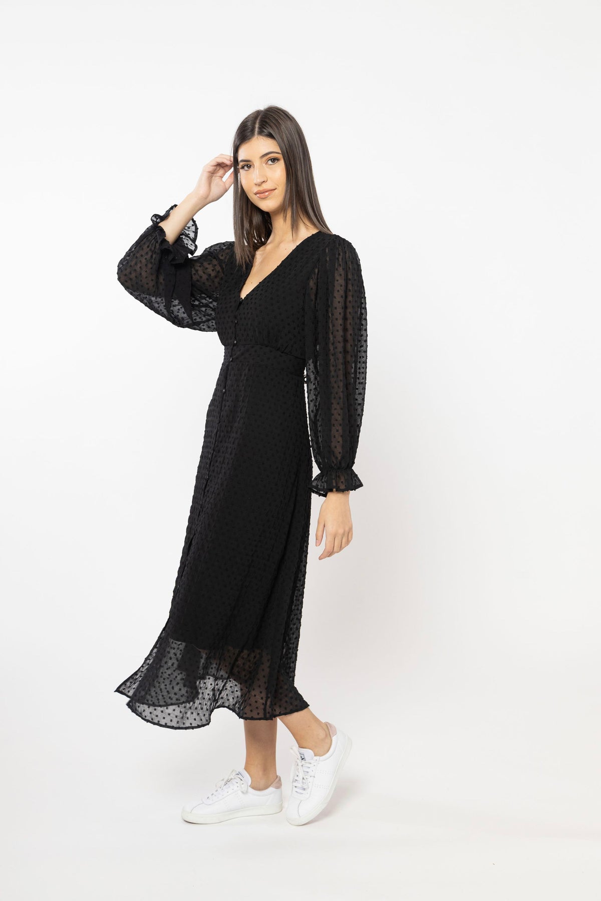 Sincere Midi Dress Long Sleeve Black Dobby