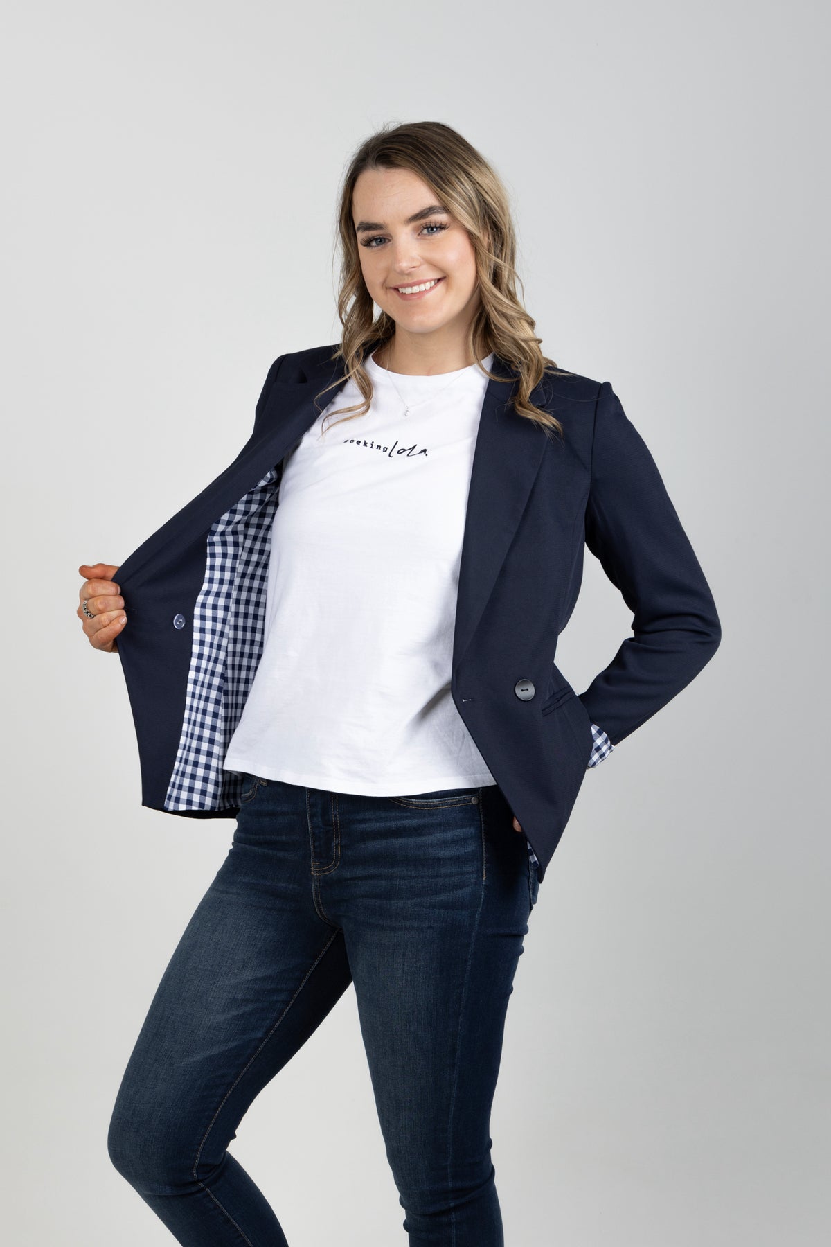 Georgie Double Breasted Blazer - Navy With Navy Gingham