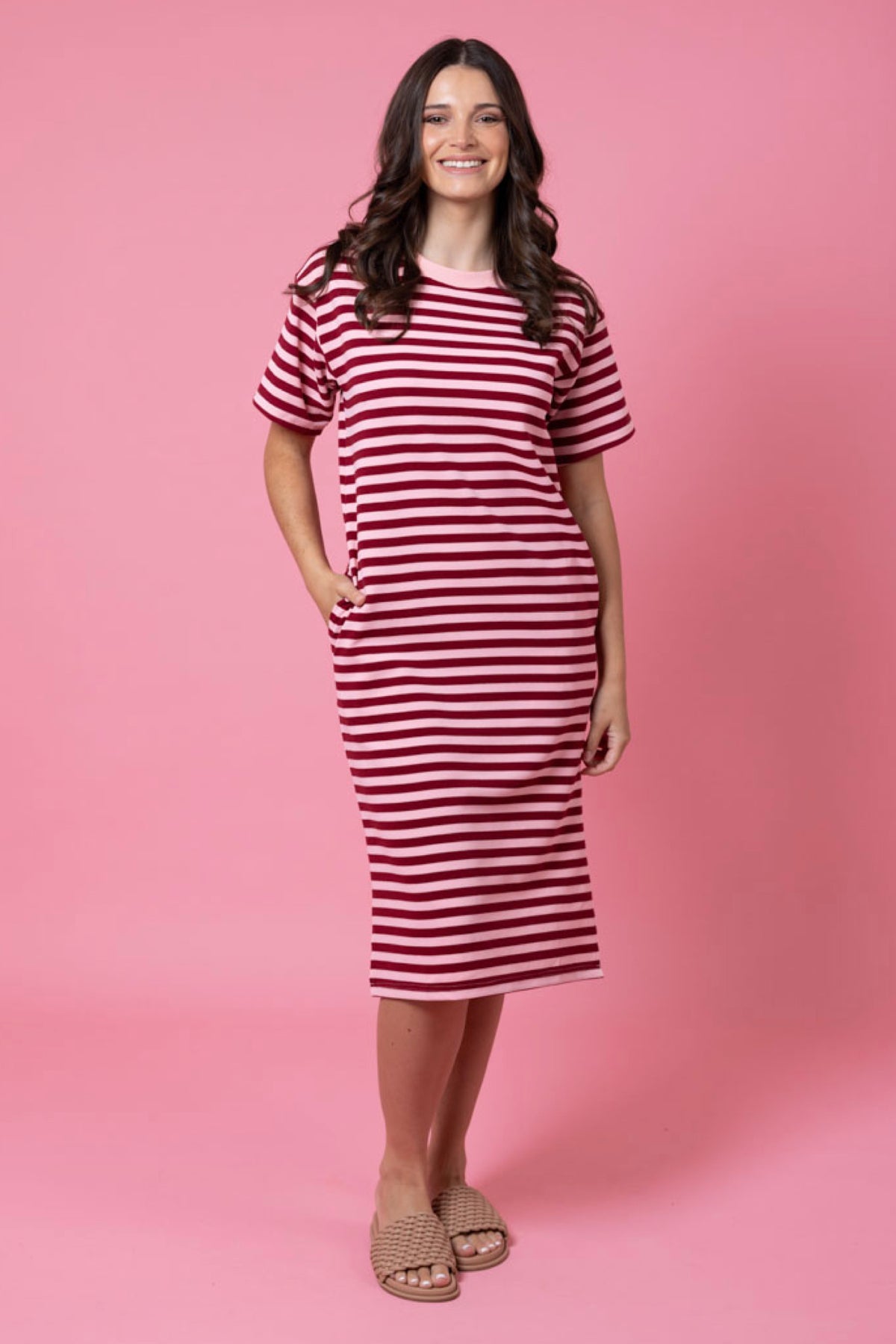 Aden T-Shirt Dress Maroon Stripe