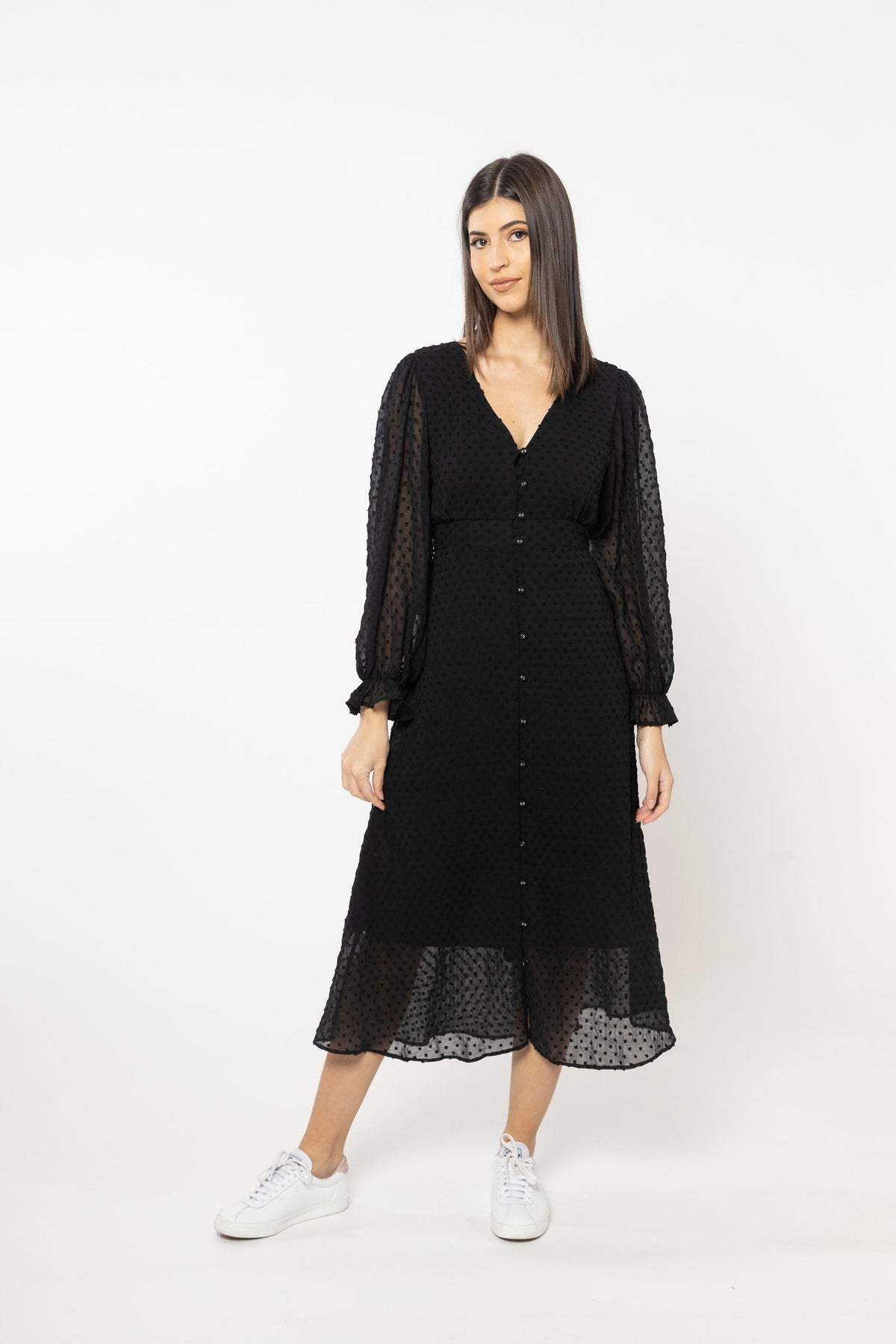 Sincere Midi Dress Long Sleeve Black Dobby