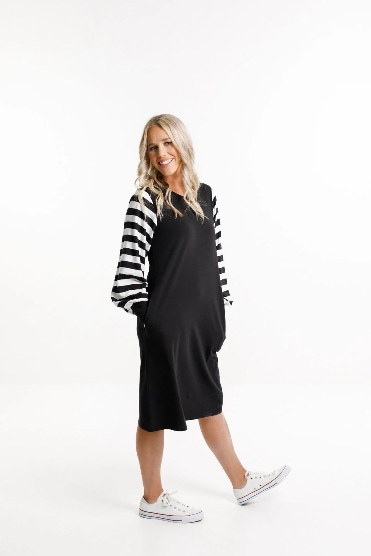 Laylah Dress Black With Black And White Striped Sleeves