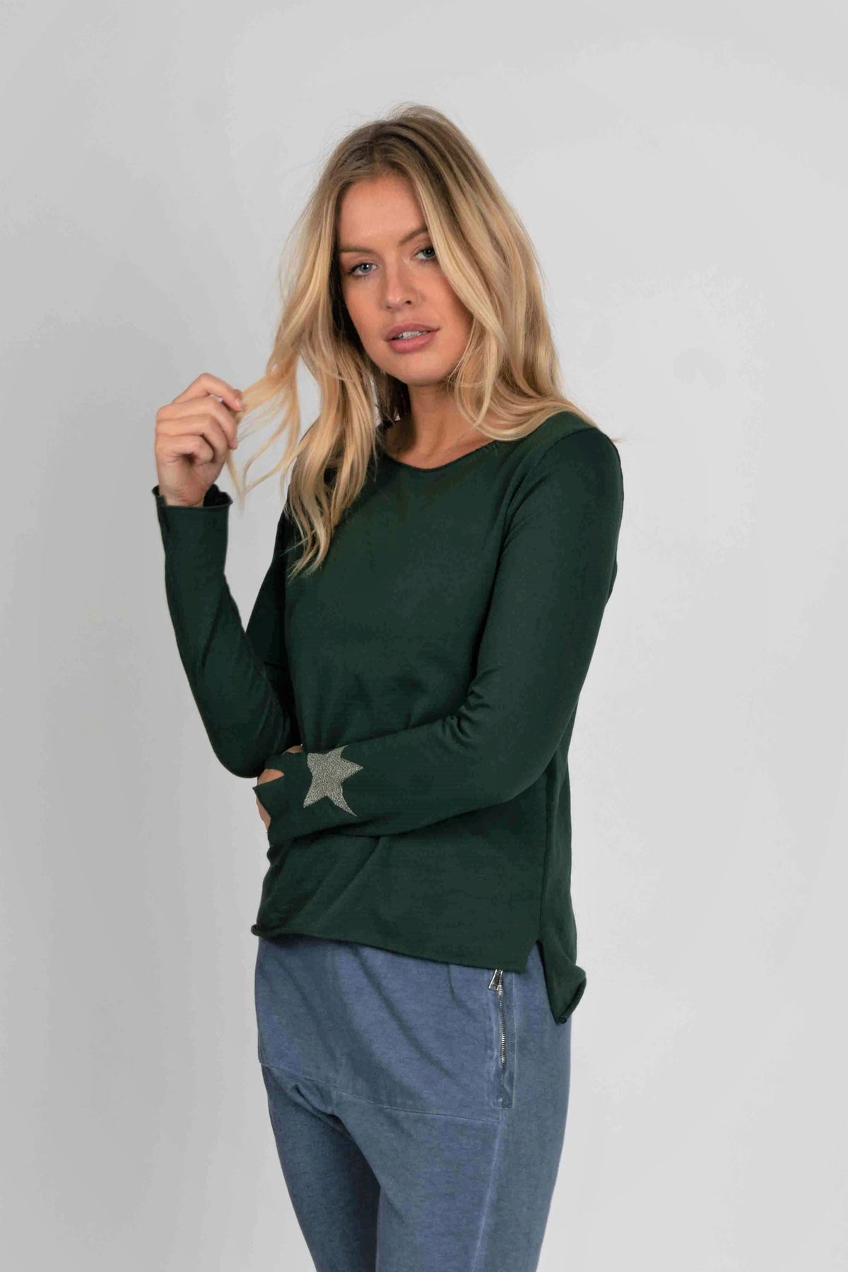 Pia Jersey Top With Star Detail Bottle Green