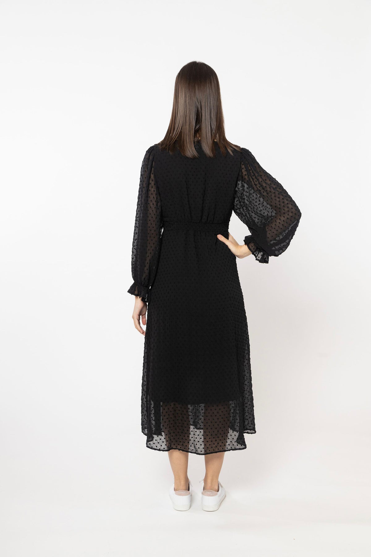 Sincere Midi Dress Long Sleeve Black Dobby