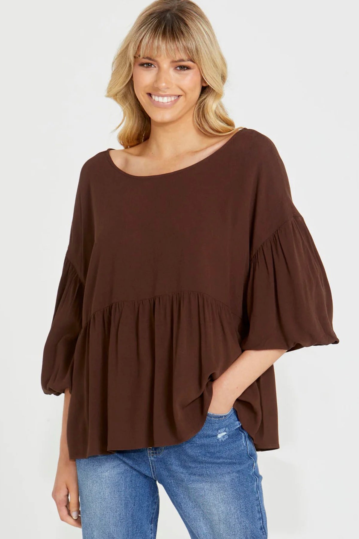 Yasmin Bubble Sleeve Top Chocolate