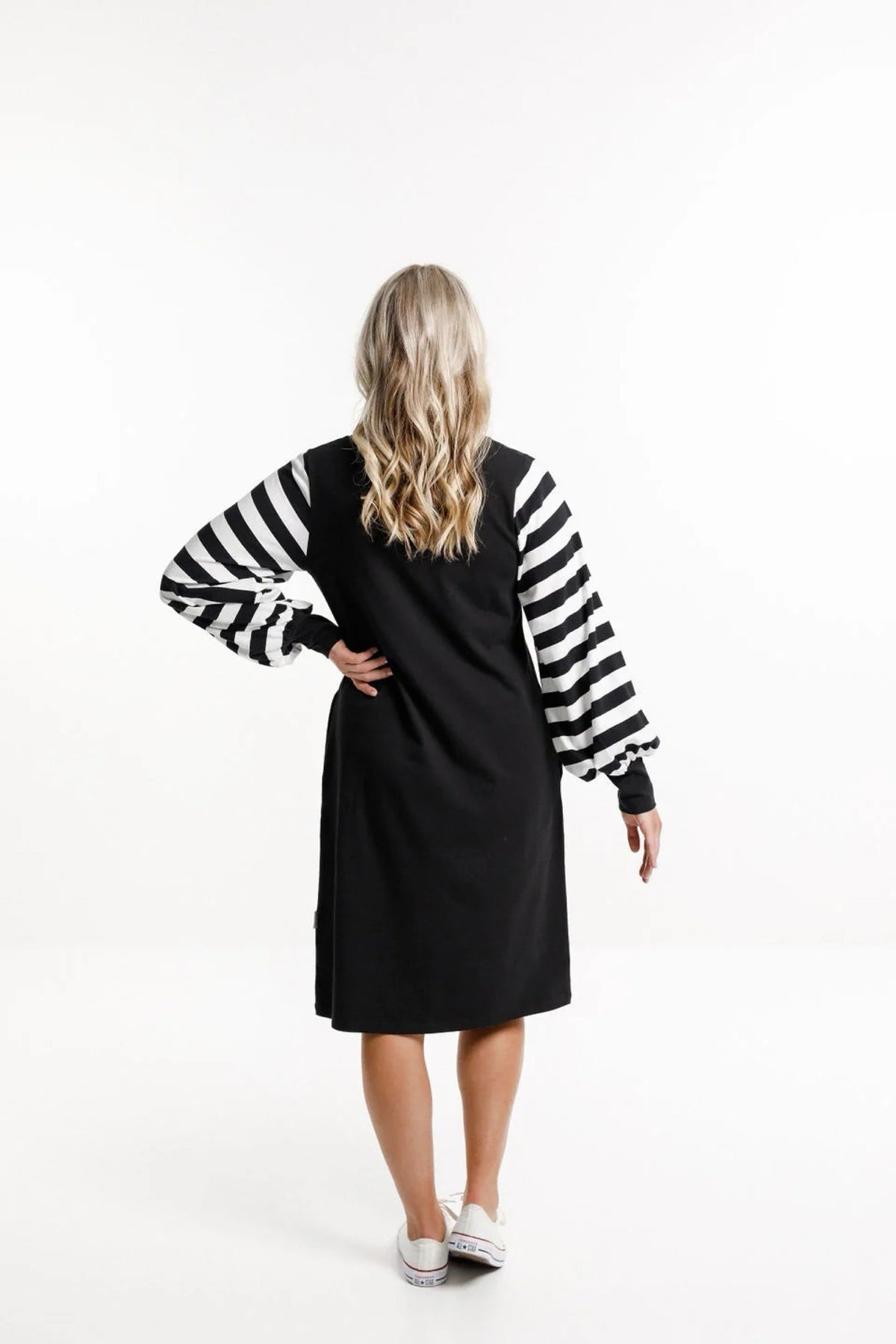 Laylah Dress Black With Black And White Striped Sleeves