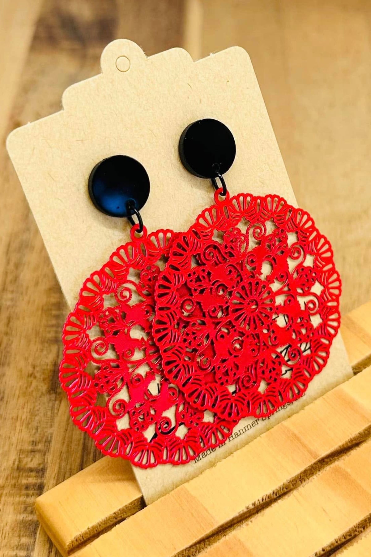 Red Filigree Circle With Black Stud Long Dangles