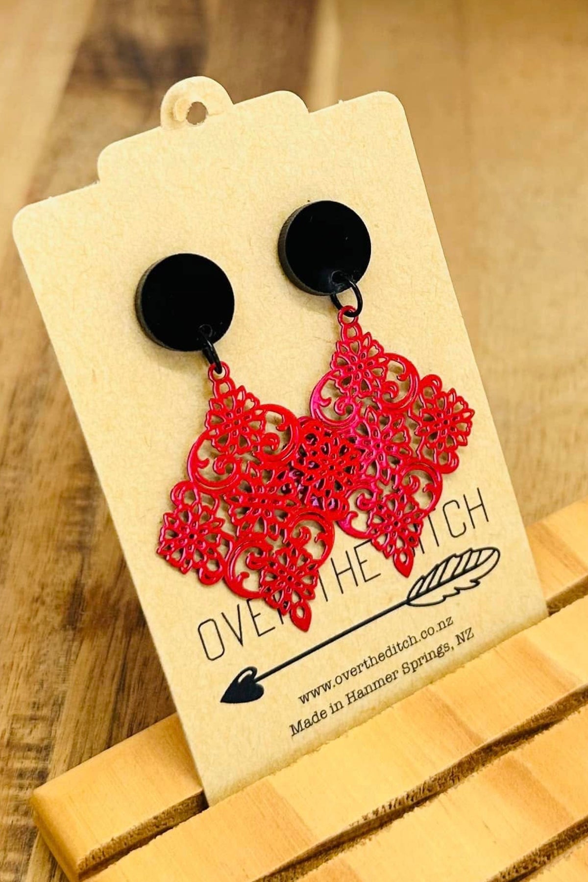 Red Filigree Diamond With Black Stud Long Dangles