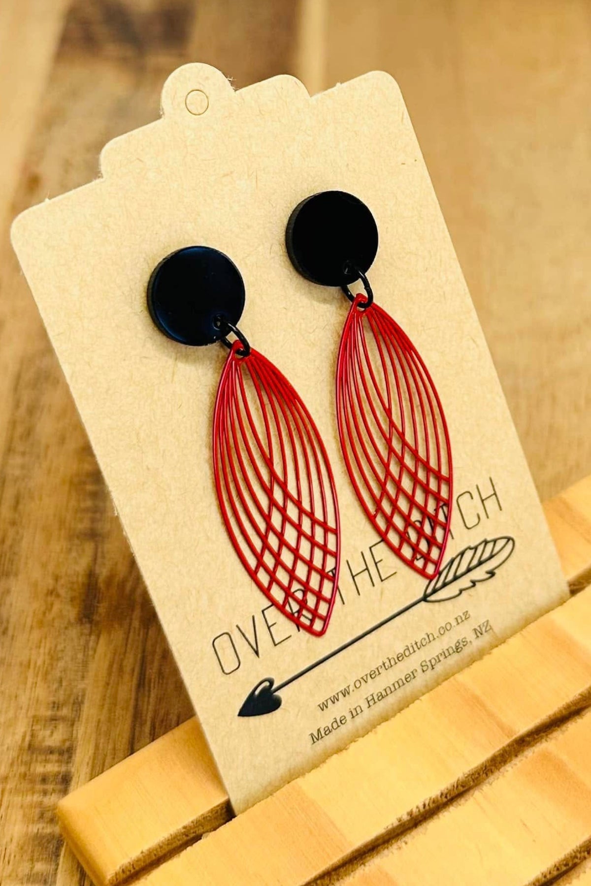 Red Pattern With Black Stud Long Dangles