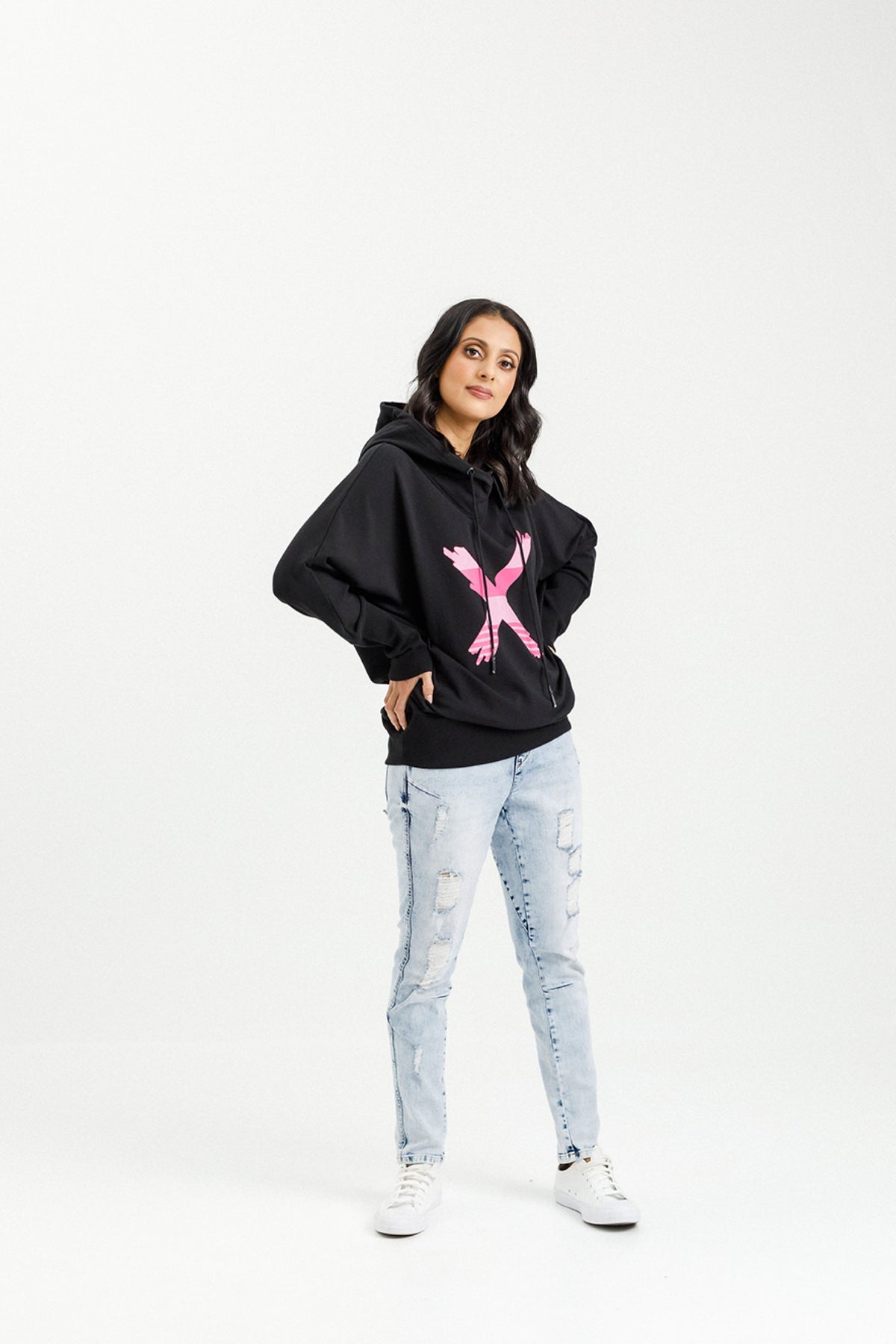 Ellen Hoodie Black With Irregular Pink Stripe