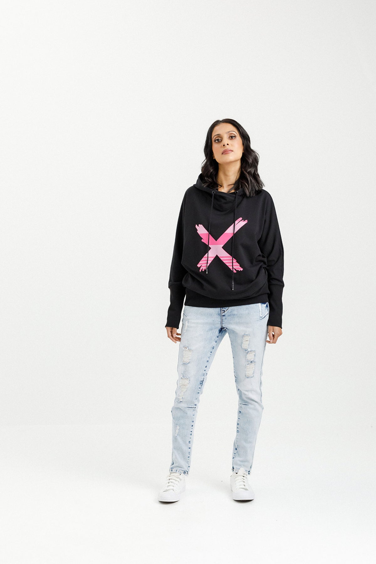 Ellen Hoodie Black With Irregular Pink Stripe