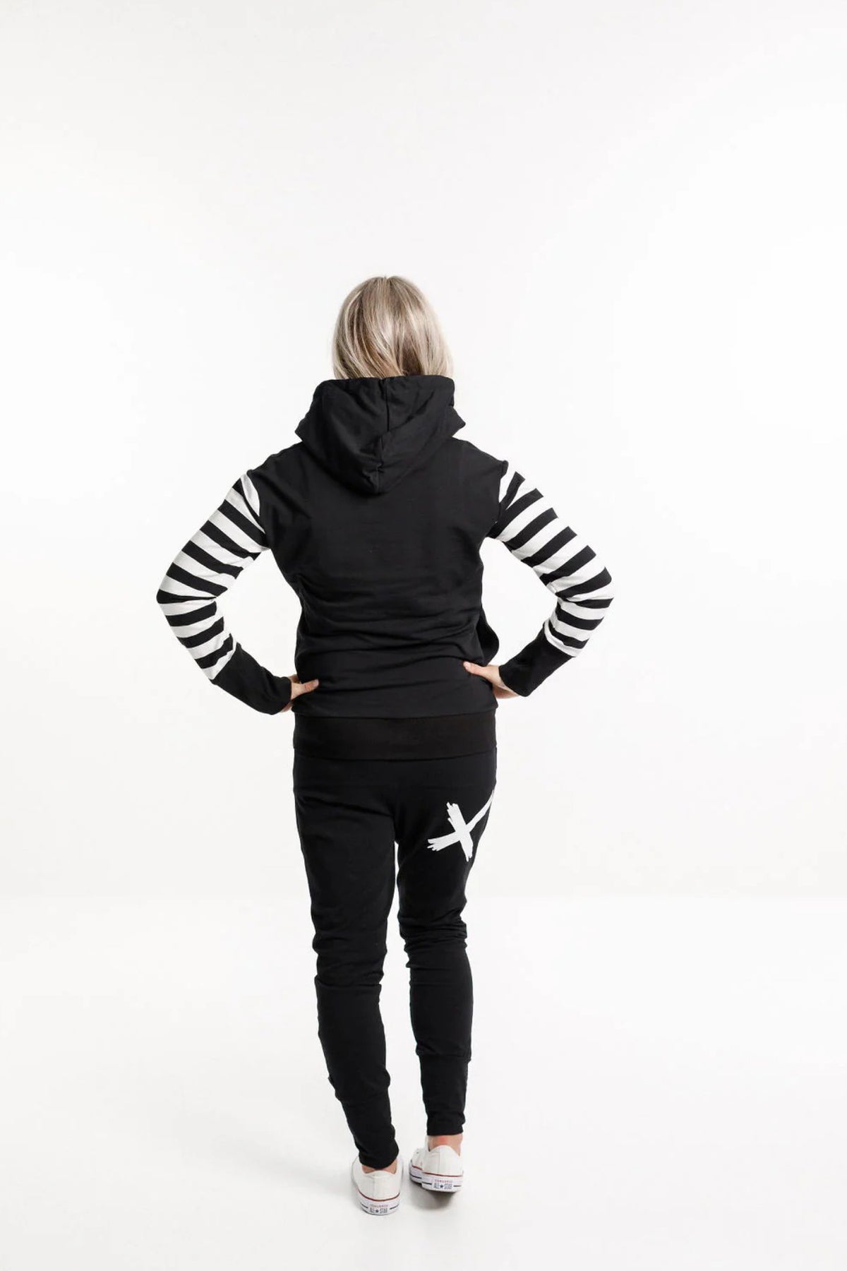 Hooded Sweatshirt Black With Black & White Stripe Sleeves and X Print