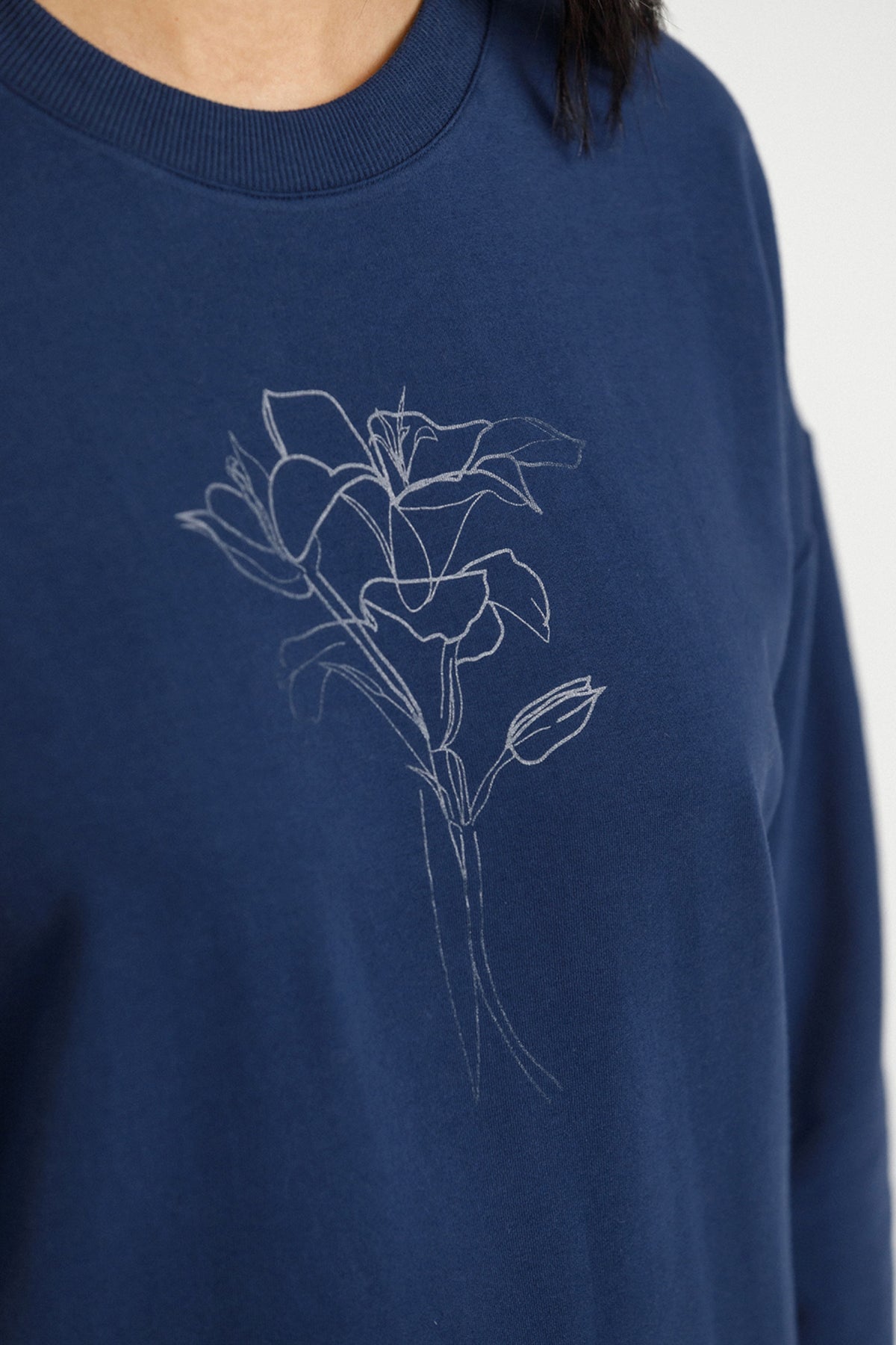 Camilia Crew Indigo Blue With Tonal Floral Print