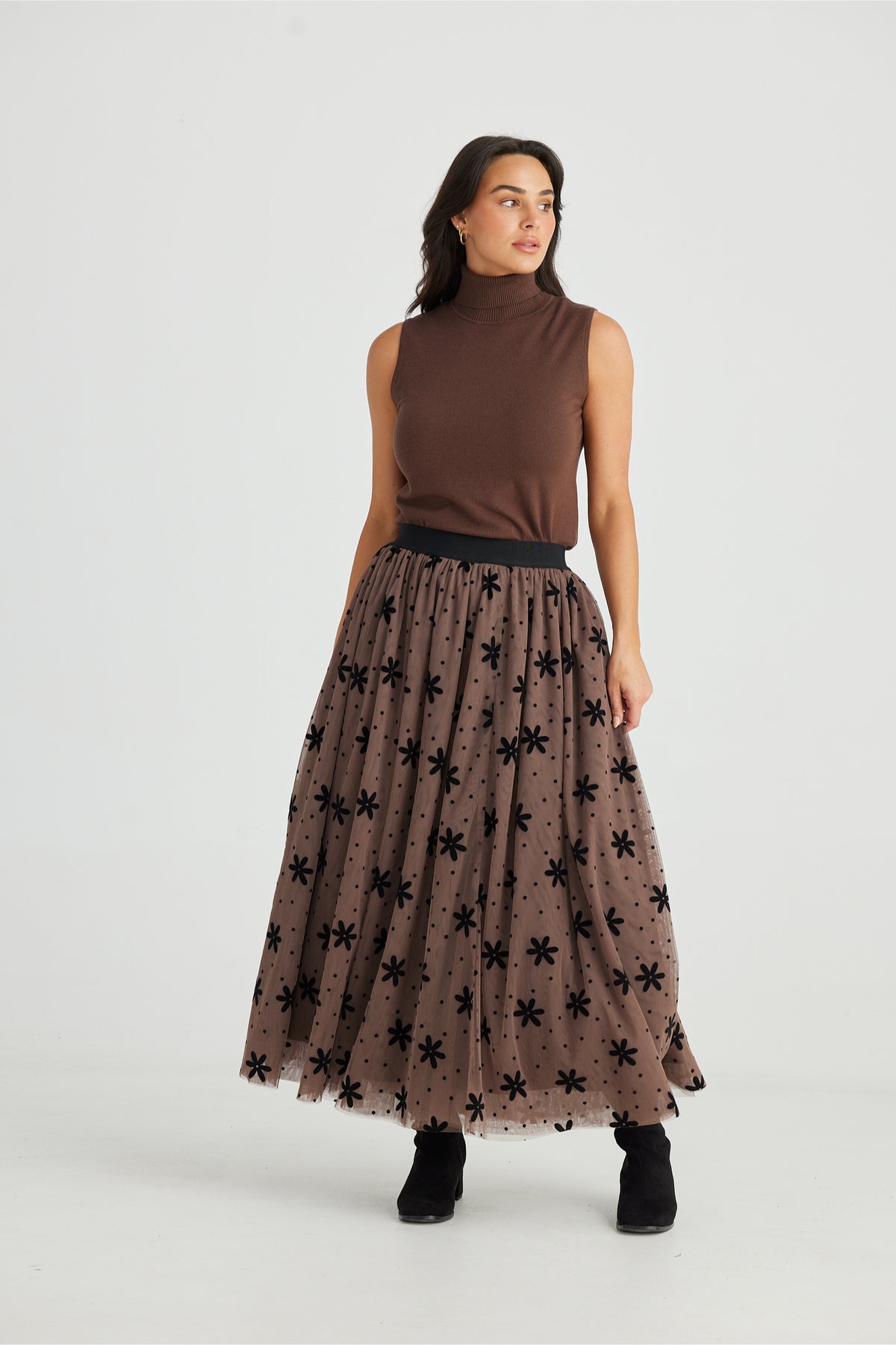 Carrie Skirt Tan Floral Dot