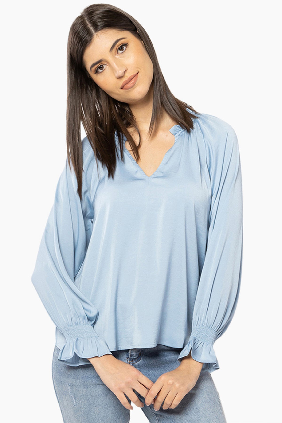 Frill V Neck Top Pale Blue Satin