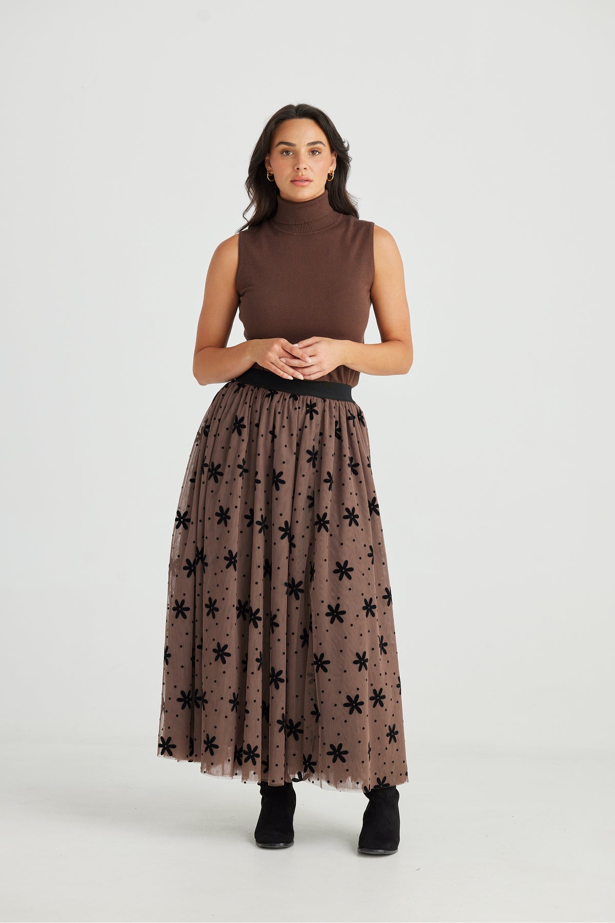 Carrie Skirt Tan Floral Dot