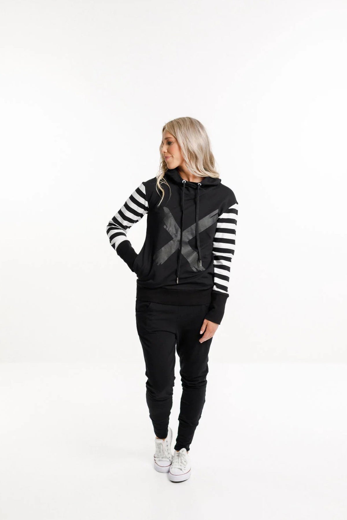 Hooded Sweatshirt Black With Black & White Stripe Sleeves and X Print