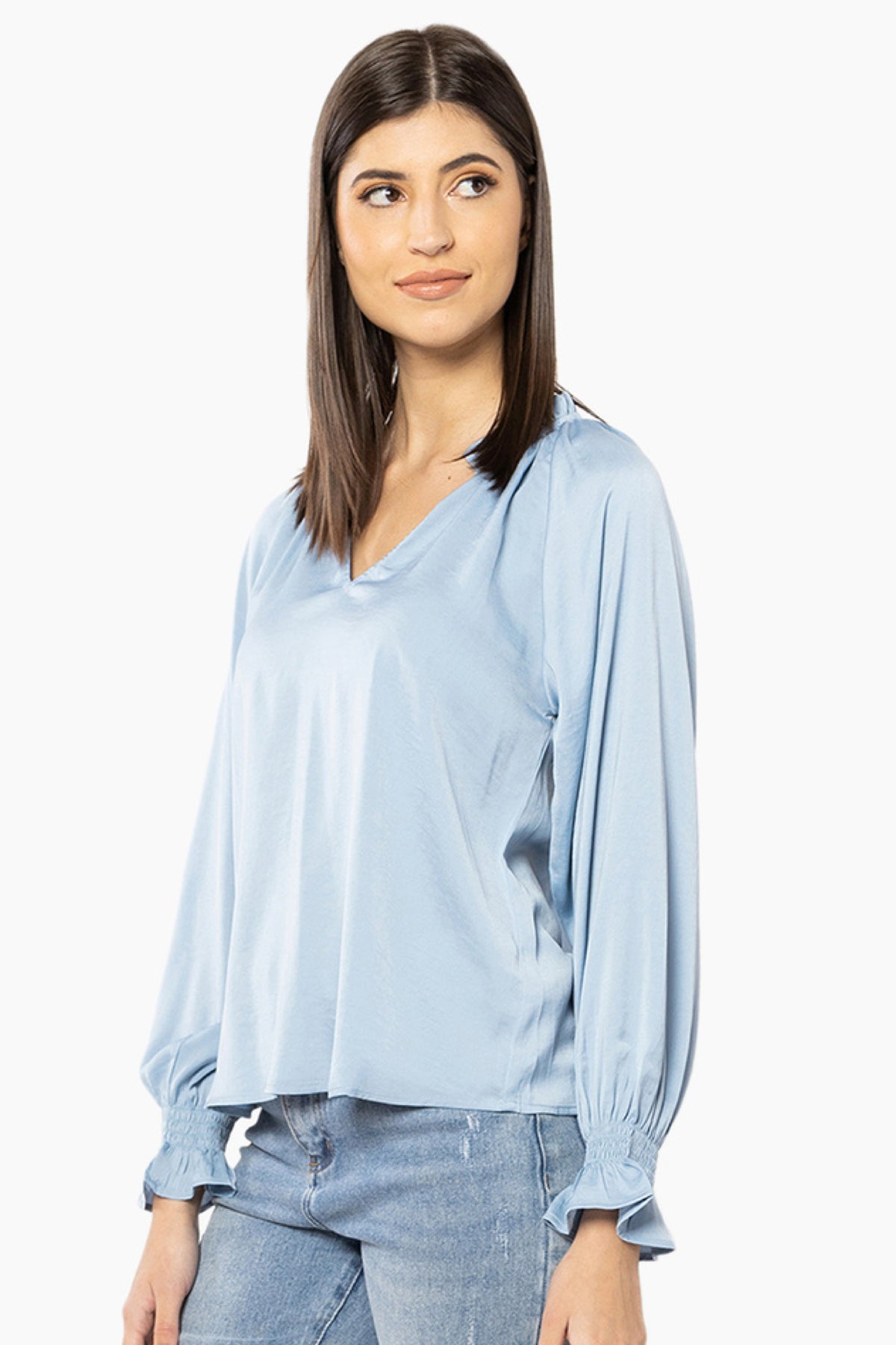 Frill V Neck Top Pale Blue Satin