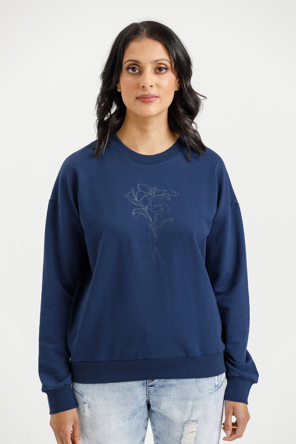 Camilia Crew Indigo Blue With Tonal Floral Print