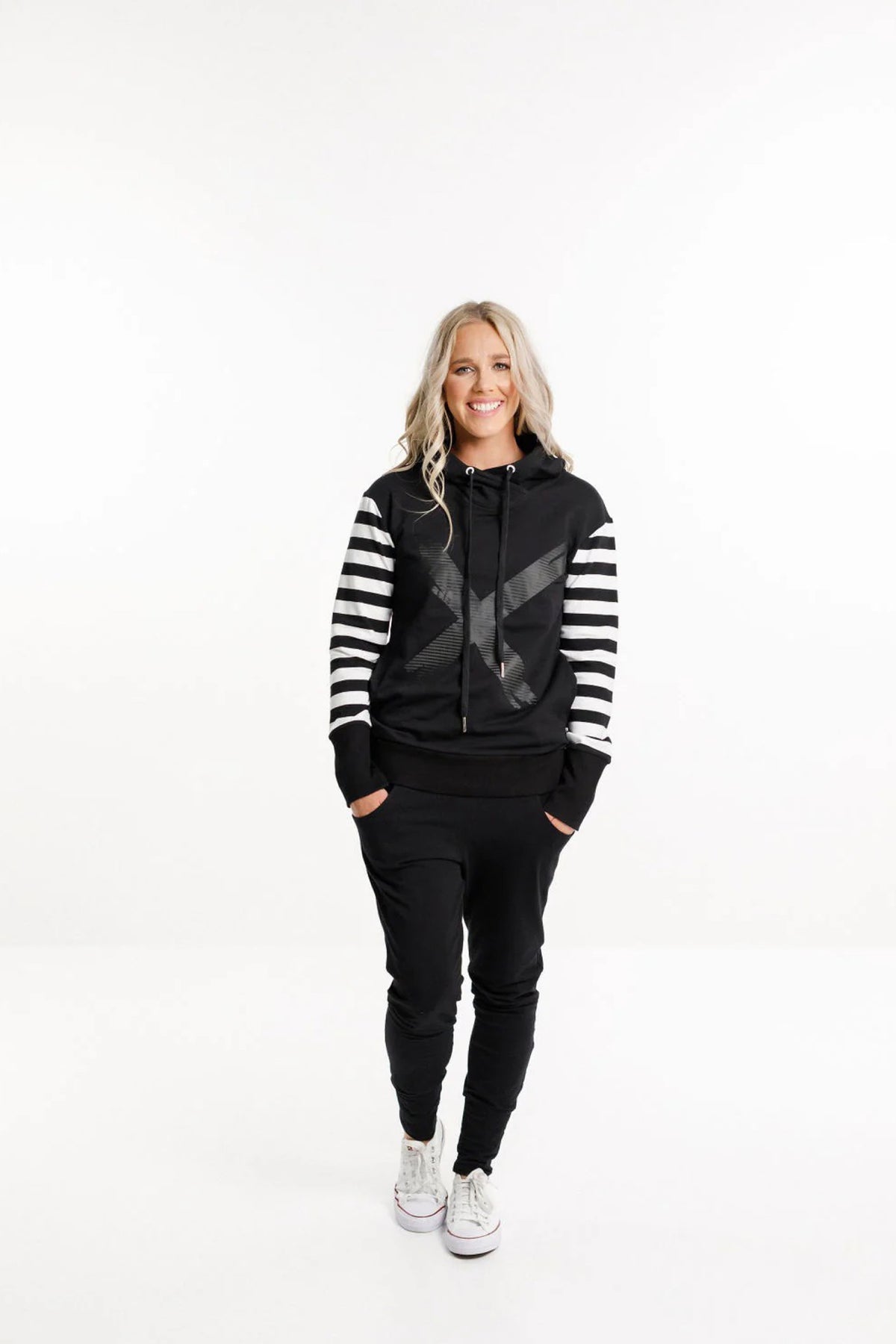 Hooded Sweatshirt Black With Black & White Stripe Sleeves and X Print