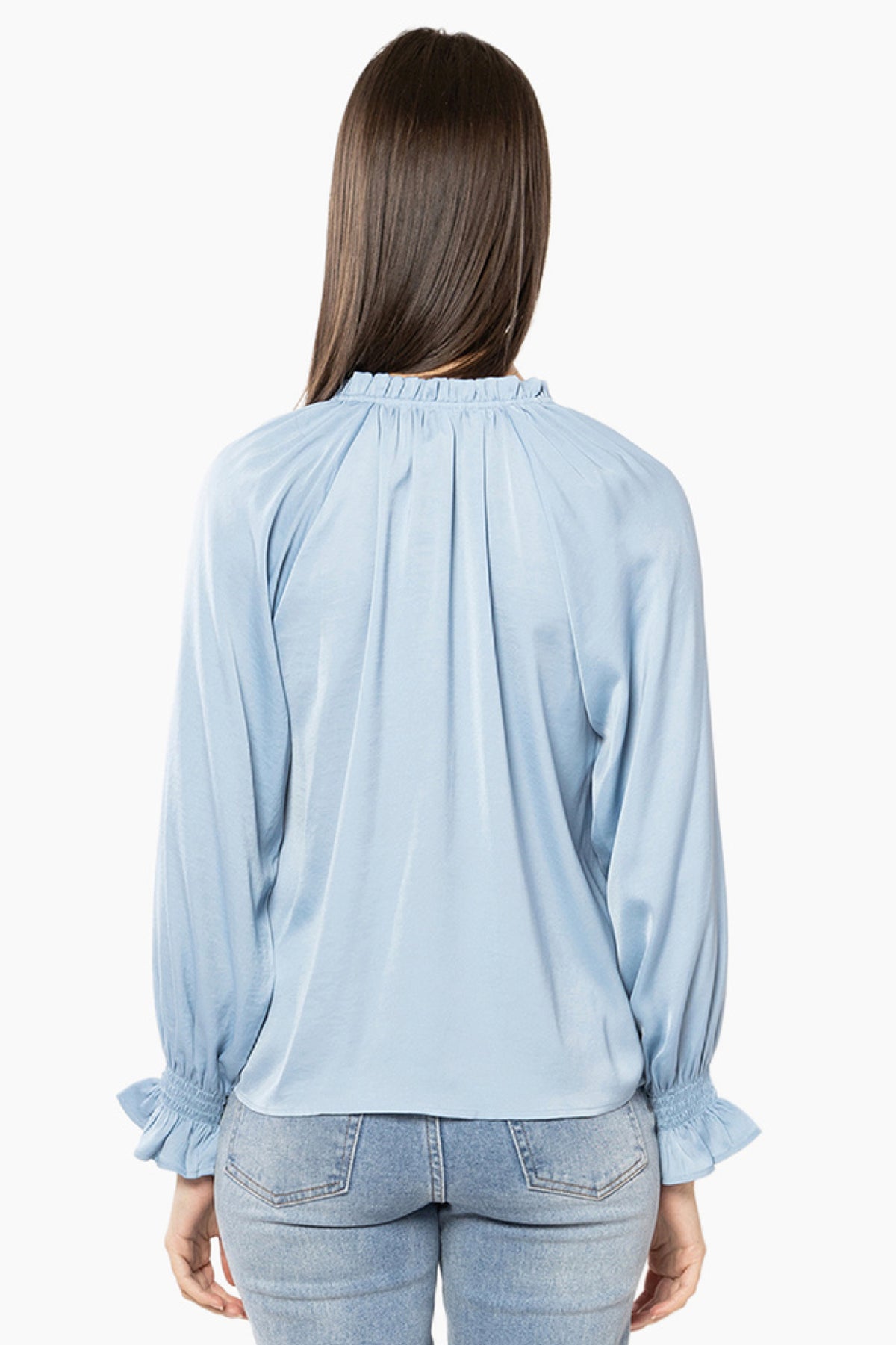 Frill V Neck Top Pale Blue Satin