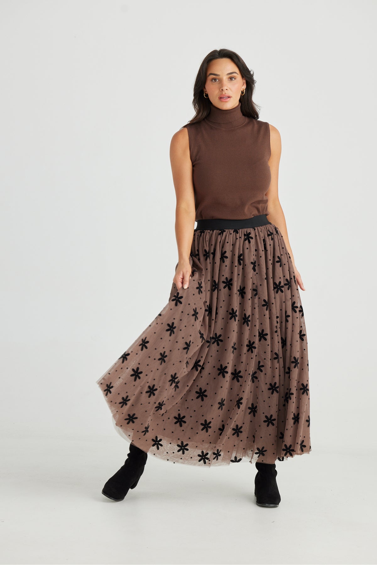 Carrie Skirt Tan Floral Dot