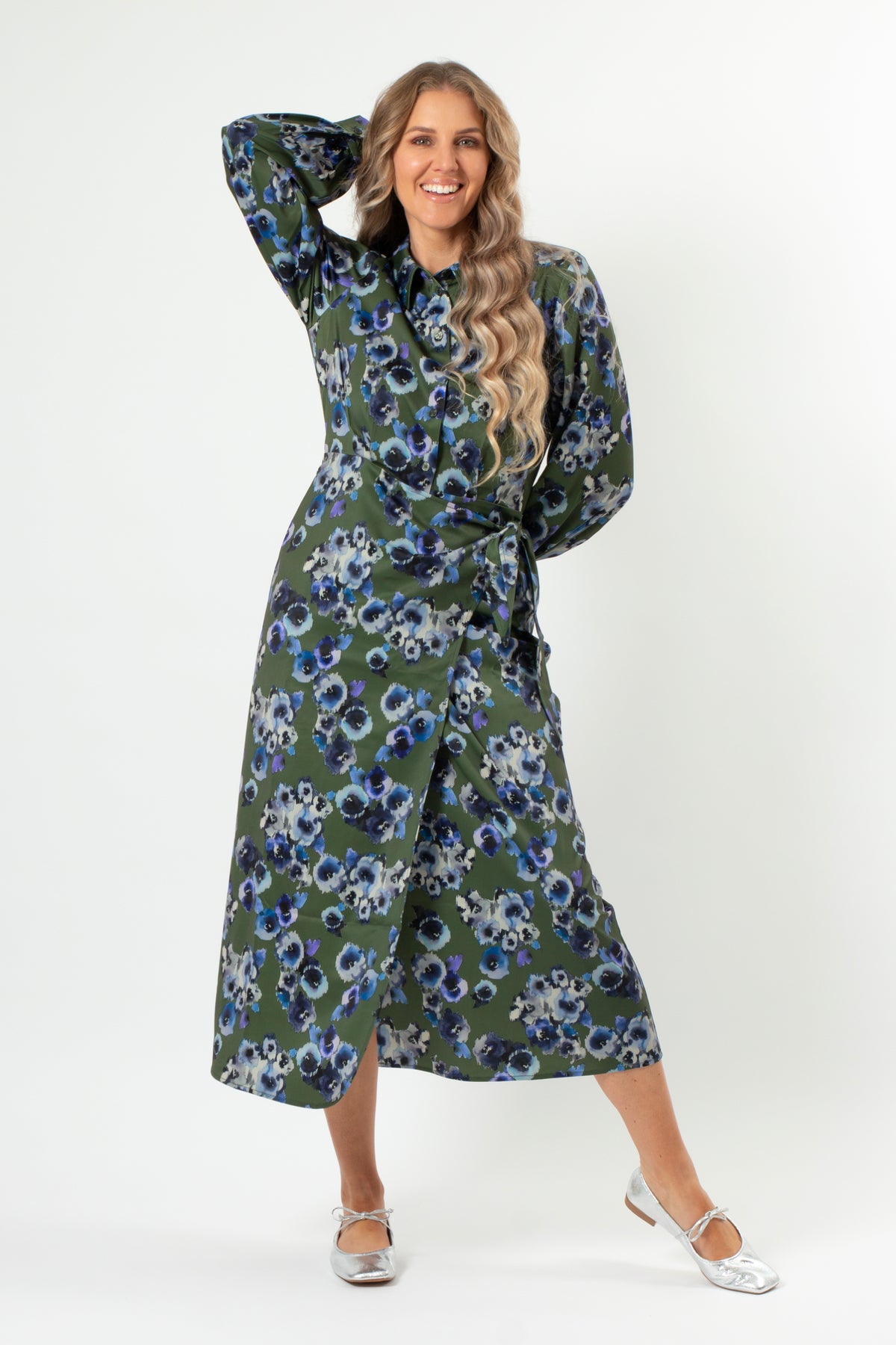 Bianca Dress Blurred Blooms Lime