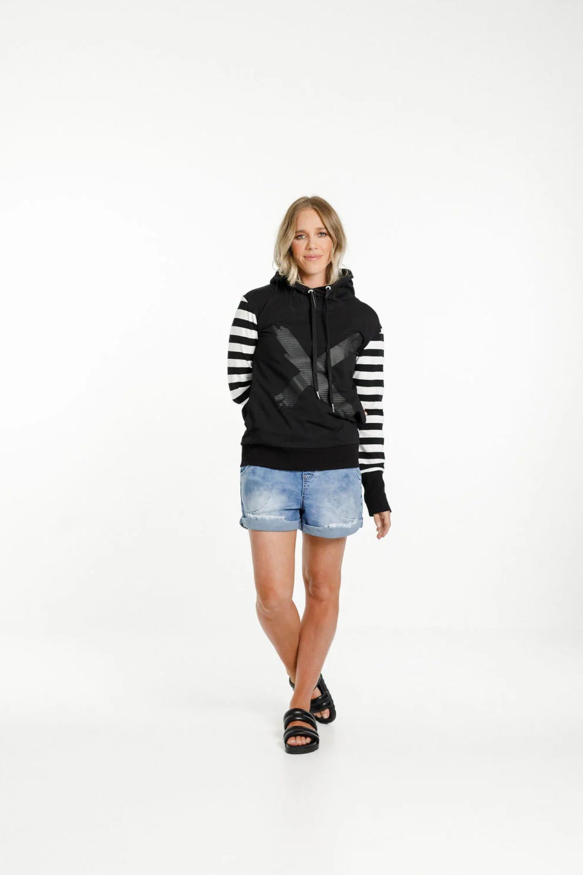 Hooded Sweatshirt Black With Black & White Stripe Sleeves and X Print