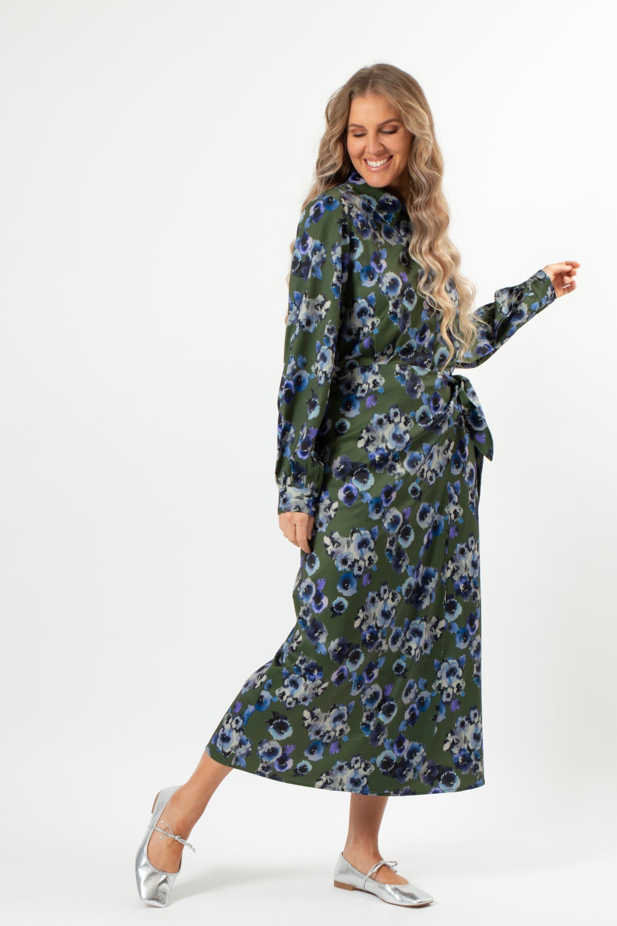 Bianca Dress Blurred Blooms Lime